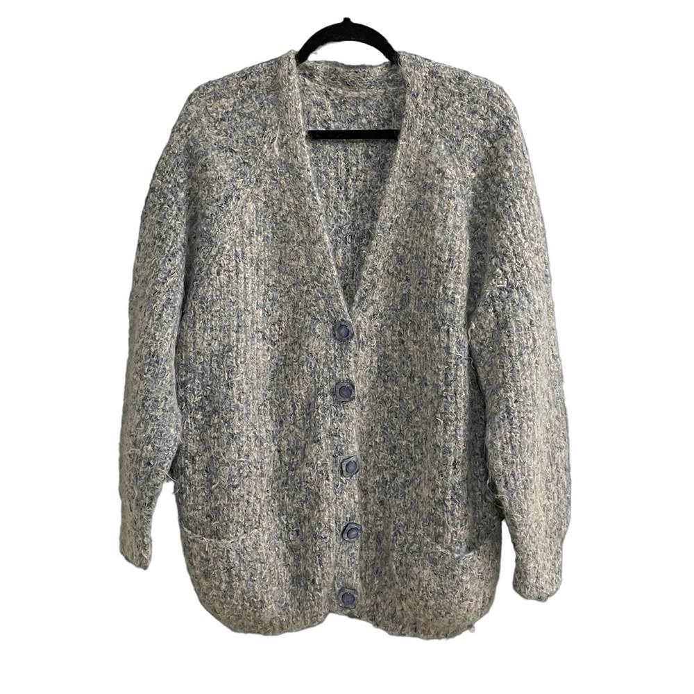 Hand Knit Wool Mohair Cardigan Sweater Blue Pink XL